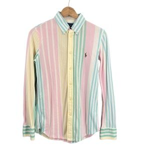 Ralph Lauren Knit Oxford Pastel Multi-Stripe Striped Long Sleeve Shirt Size M